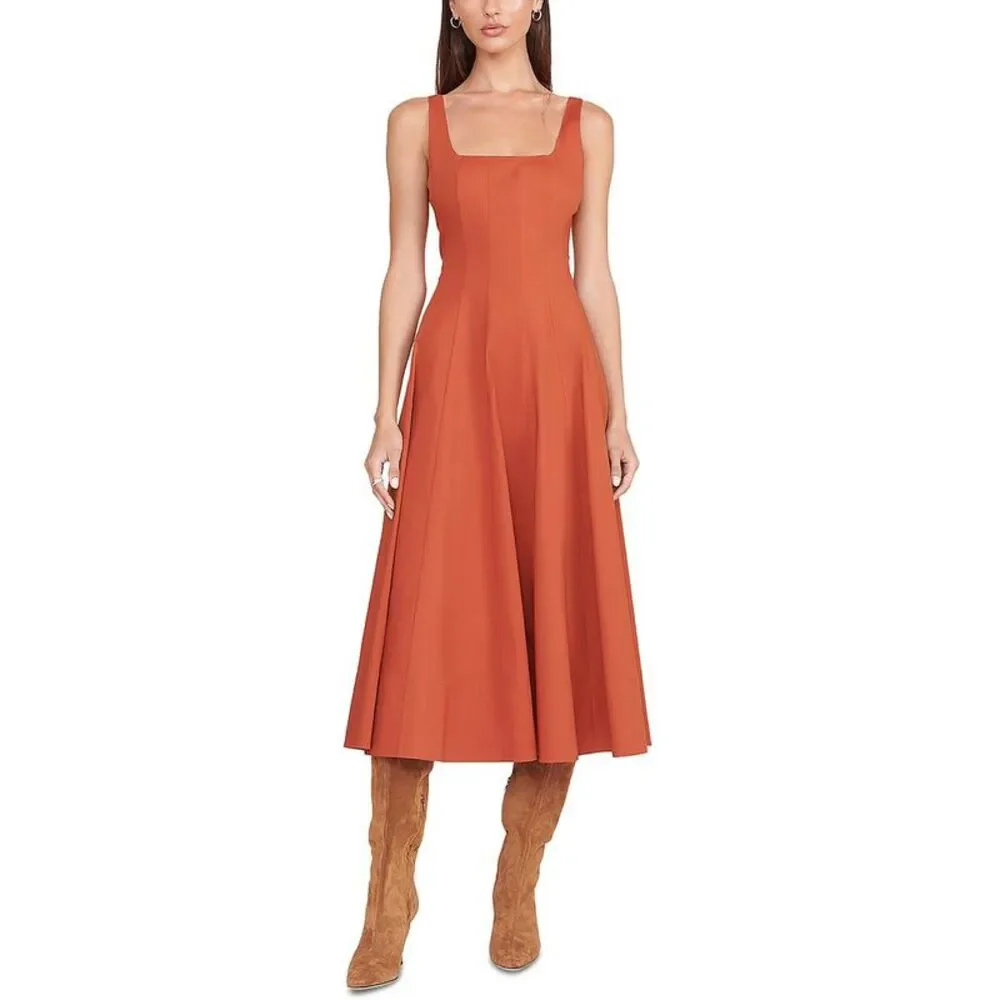 STAUD Womens Wells Orange Solid Sleeveless Casual Midi Dress NWOT
